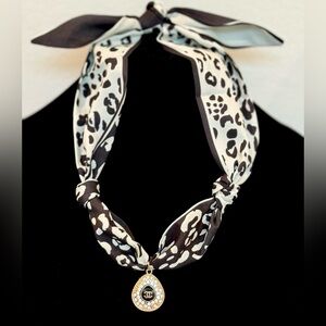 Elegant Black and White Scarf Necklace/with Chanel Zipper Pull
